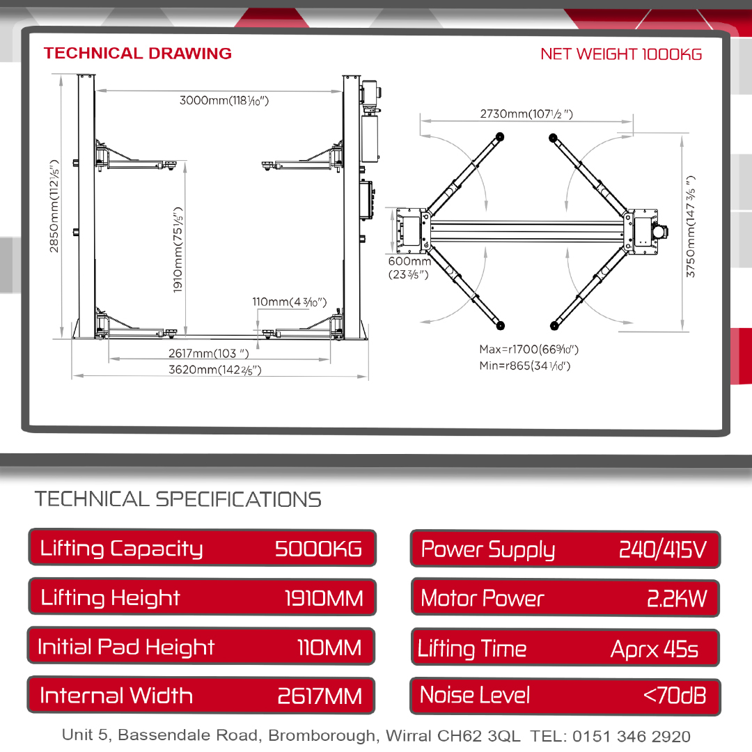 Dimensions for a 5 tonne 2 post van lift for commercial use