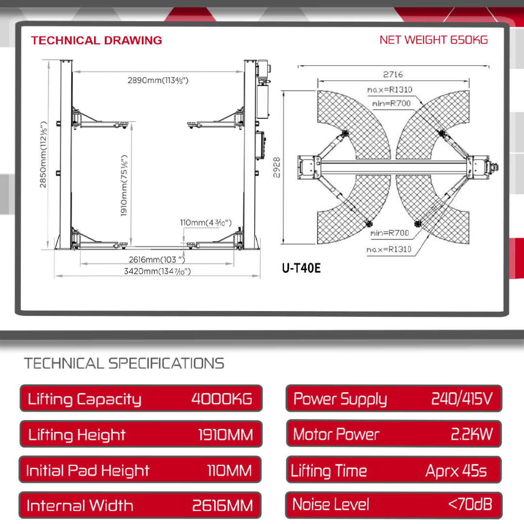 Technical drawing with dimensions of a 4 tonne automatic 2 post lift